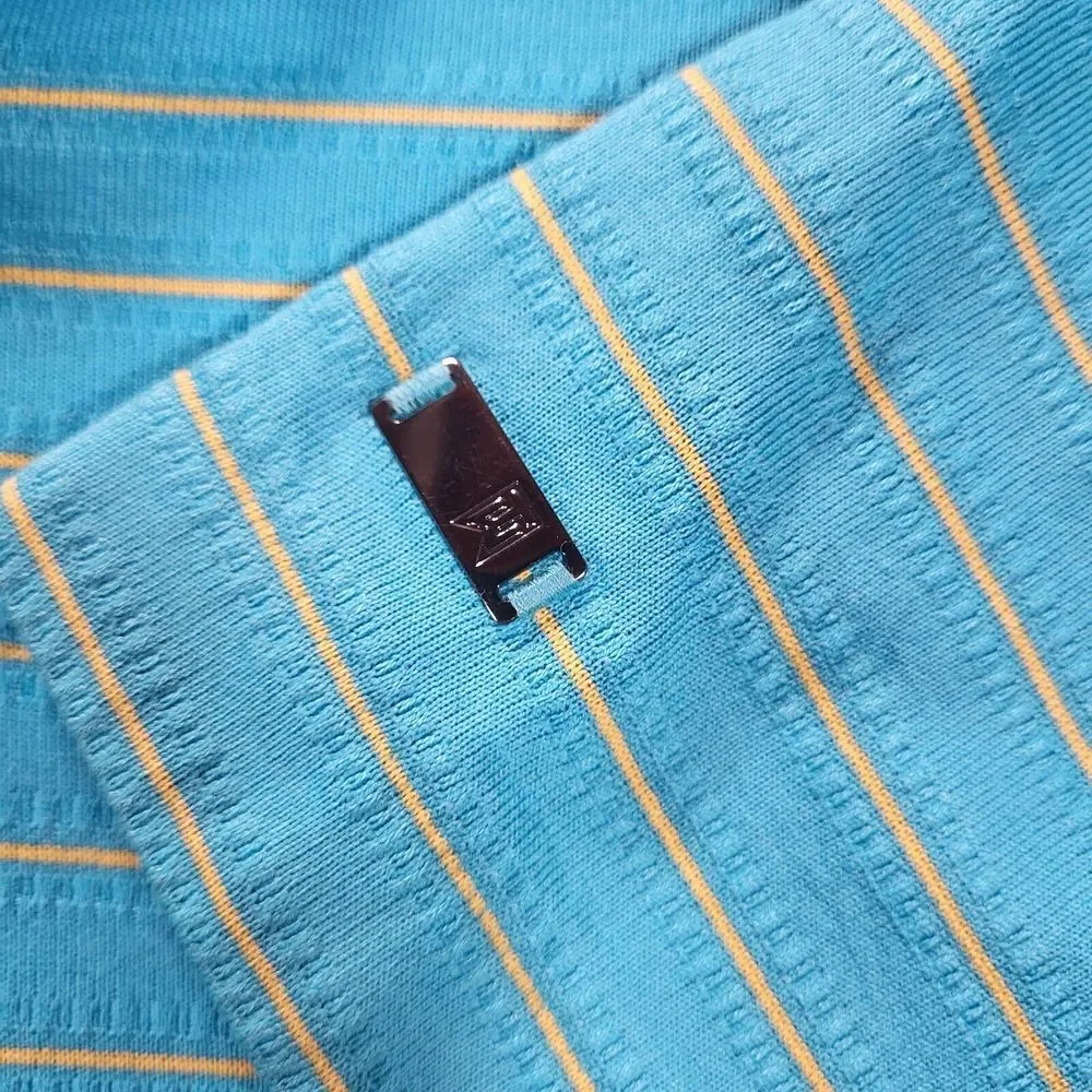 Nike Fit Dry Tiger Woods Men's Medium Blue Yellow Stripe Polo‎ golf course logo